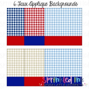 Watercolor PNG -Patriotic Gingham-Square Nameplate- Faux Applique Digital Background Set Download File