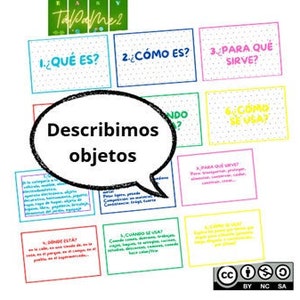 May include: A colourful set of six question cards in Spanish, titled "Tarjetas de las 6 Preguntas" (Cards of the 6 Questions). The cards are designed to help describe objects, with questions like "¿Qué es?" (What is it?), "¿Cómo es?" (How is it?), and "¿Para qué sirve?" (What is it for?). The cards are decorated with question marks and polka dots.