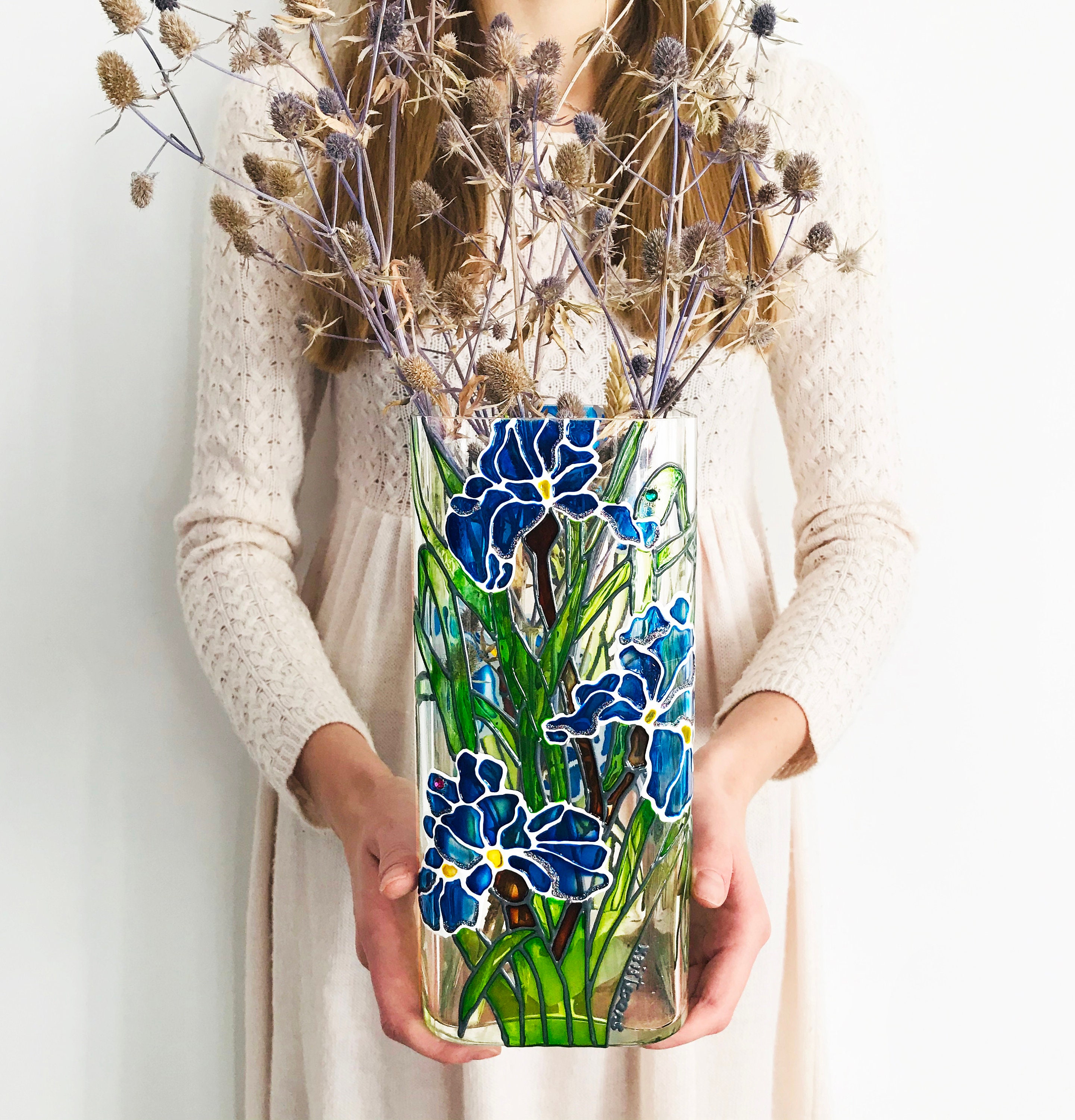 Tall glass vase Handpainted Glass candle vase Iris Etsy