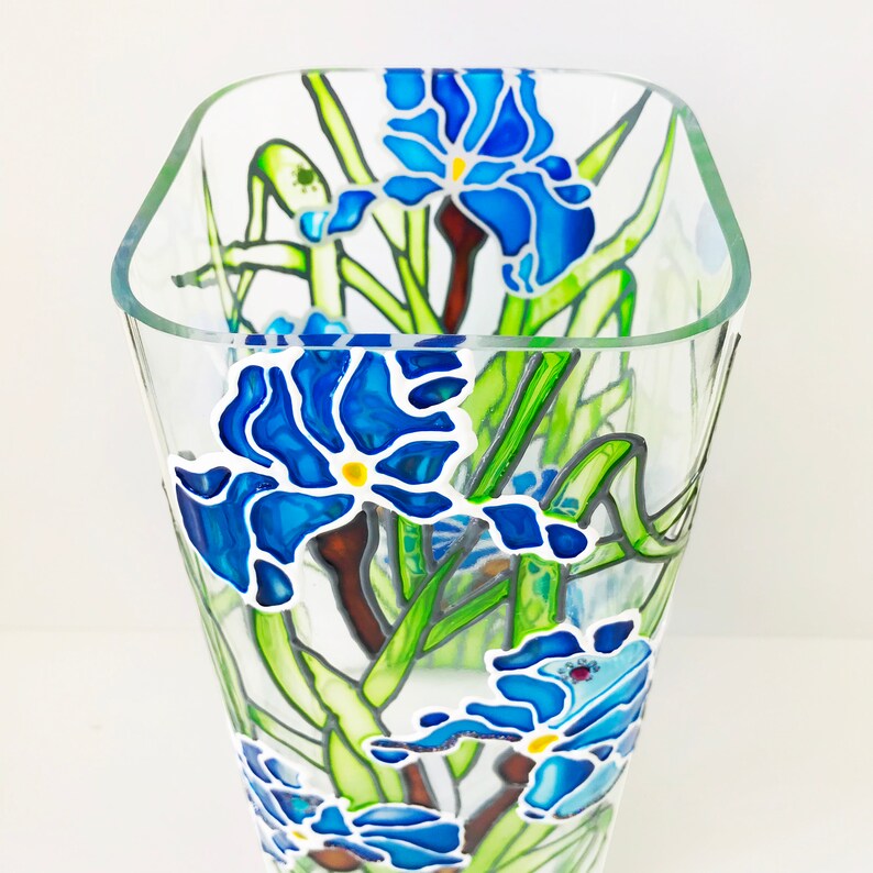 Tall Glass Vase Handpainted Glass Candle Vase Iris Etsy