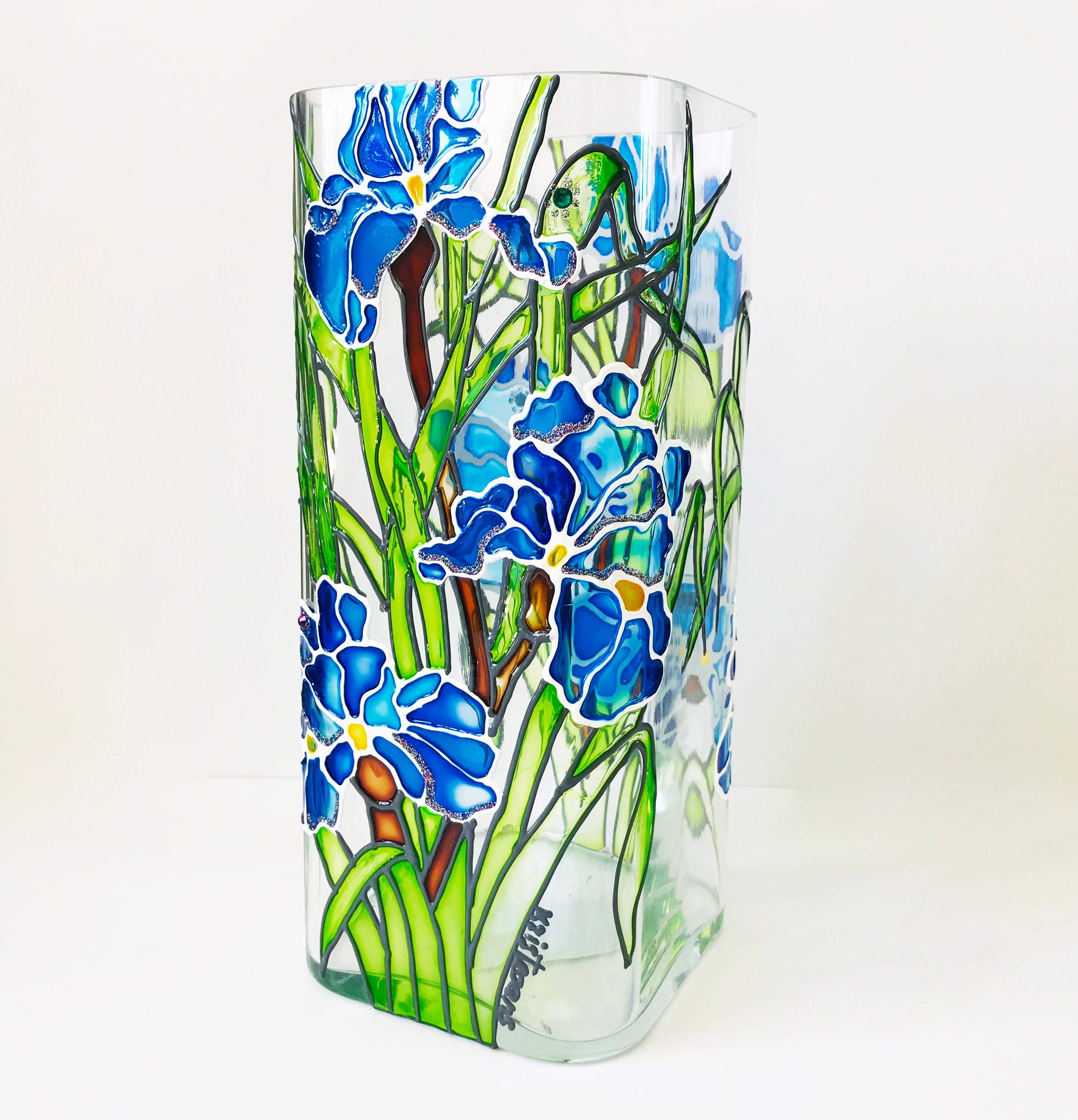 Tall glass vase Handpainted Glass candle vase Iris Etsy