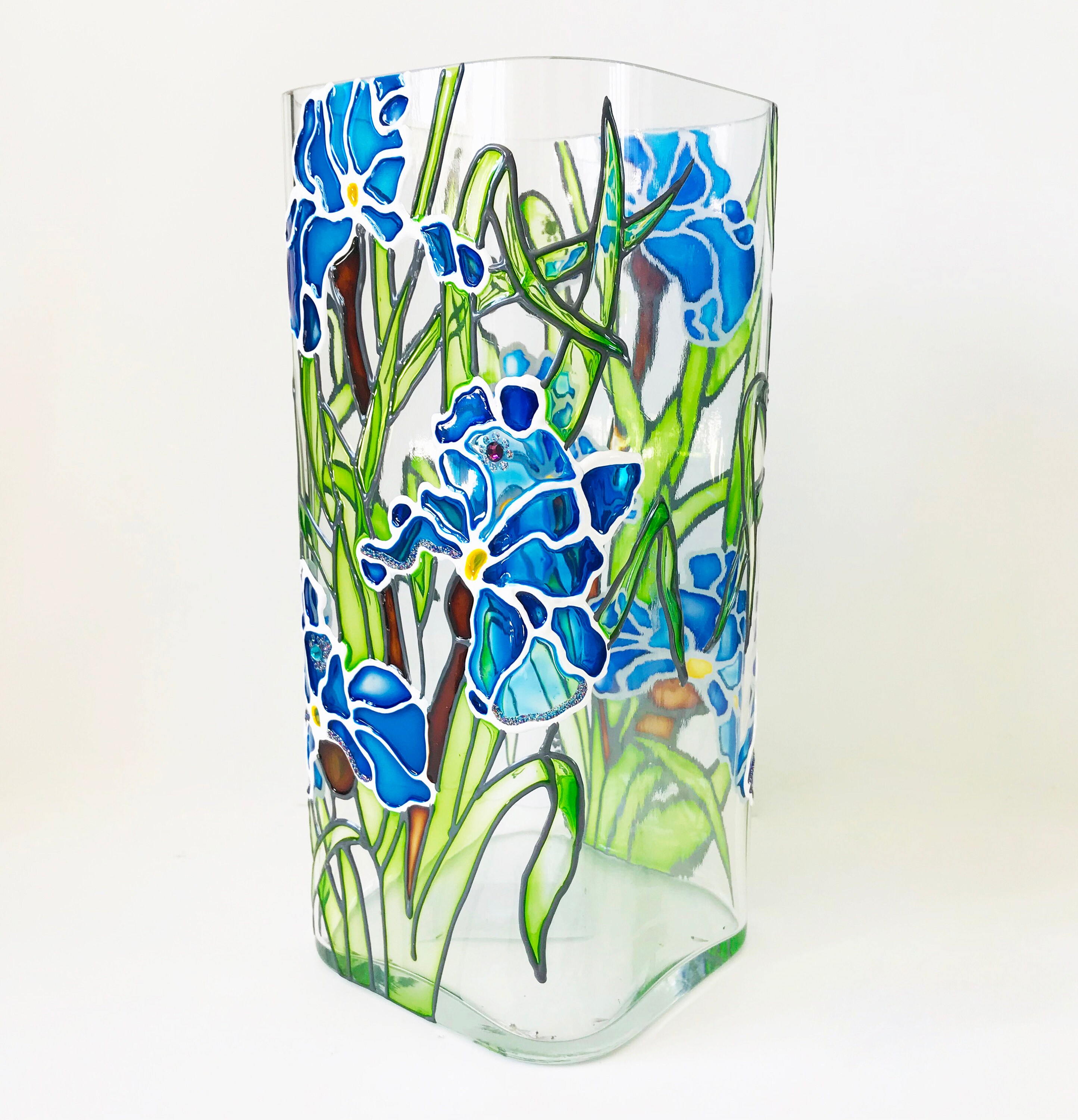 Tall glass vase Handpainted Glass candle vase Iris Etsy