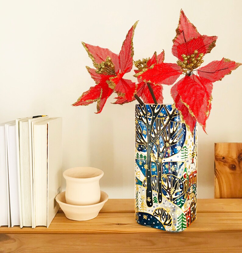 Tall Christmas Vase Hand Painted Glass Candle Vase Etsy