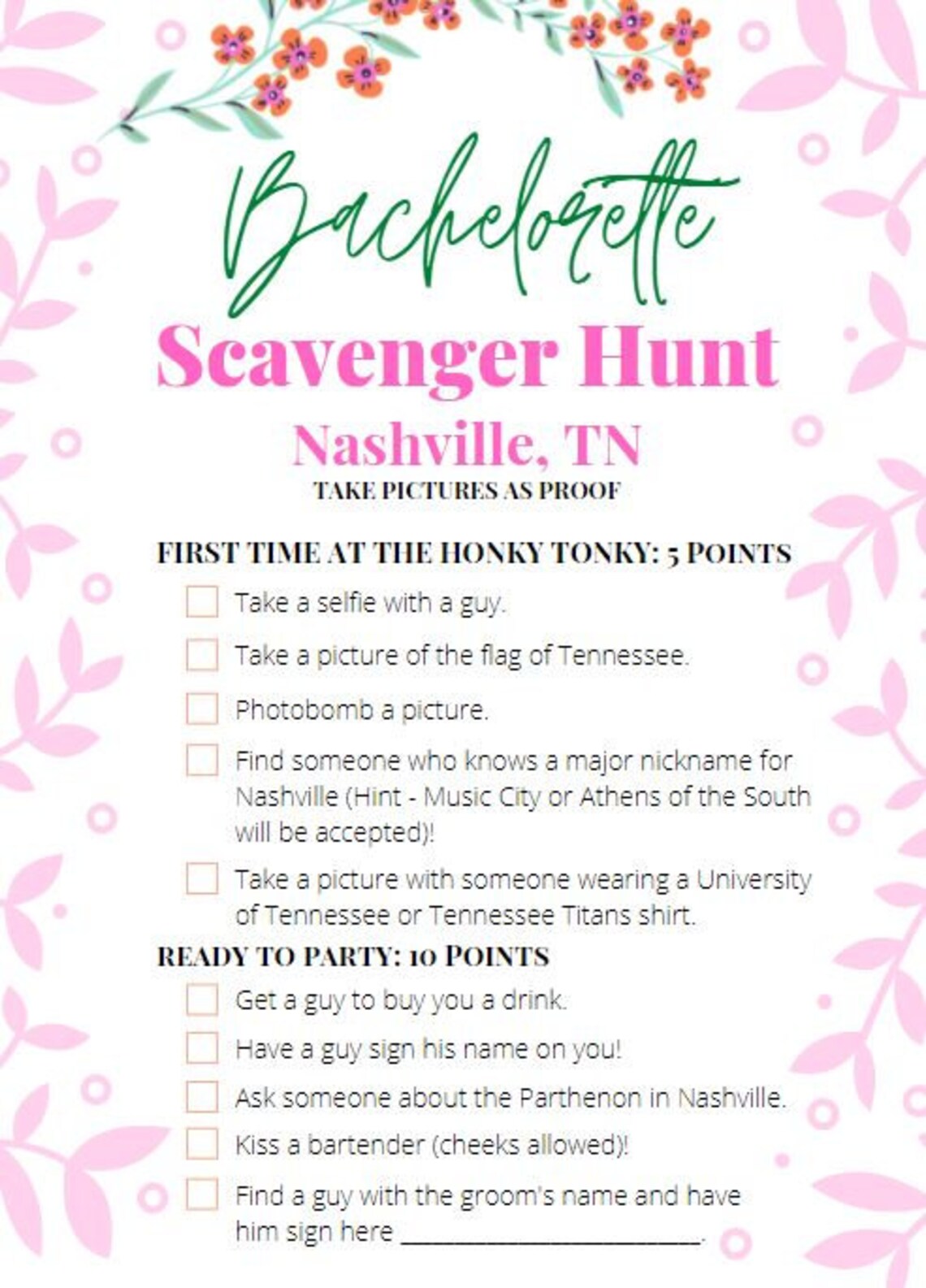 Bachelorette Scavenger Hunt Printable Cards - Nashville Tennessee - DIY