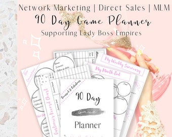 May include: A printable 90-day planner for network marketing and direct sales businesses. The planner includes sections for customer records, weekly and monthly summaries, and a focused and fabulous section. The planner is designed to help business owners set goals and track their progress.