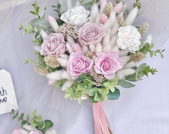 Bridal Bouquet Preserved and Dried flowers, Bridal bouquet with eucalyptus, Tender pink bridal bouquet