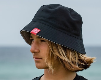 Bucket Hat, Reversible Men and Woman in Black and Grey Cotton, for the Beach, Surfing, Camping, Fishing from the Inner Hebrides, Scotland.