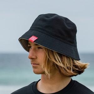 Bucket Hat, Reversible Men and Woman in Black and Grey Cotton, for the Beach, Surfing, Camping, Fishing from the Inner Hebrides, Scotland.