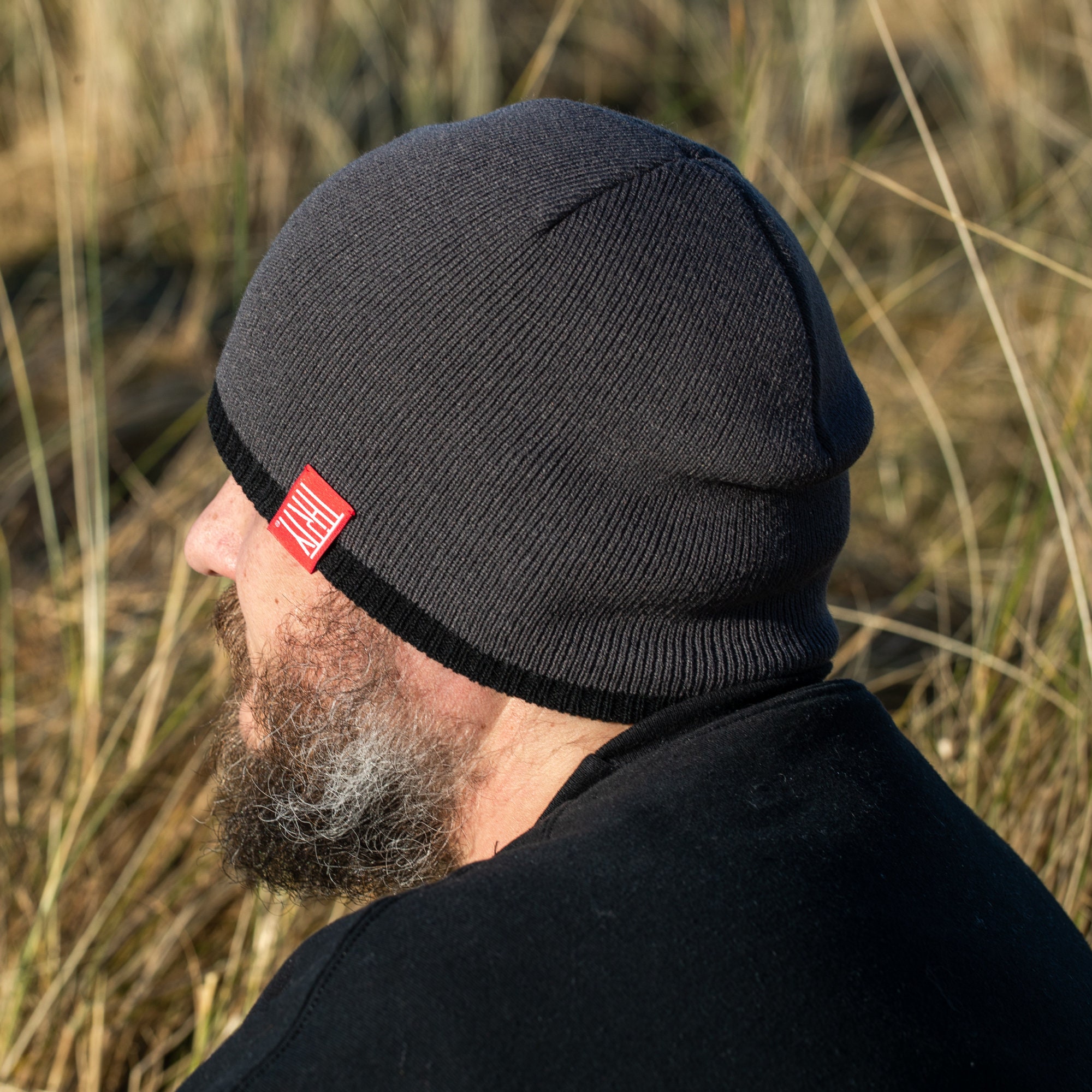Pull on Beanie Two Tone Hat Red Tab 
