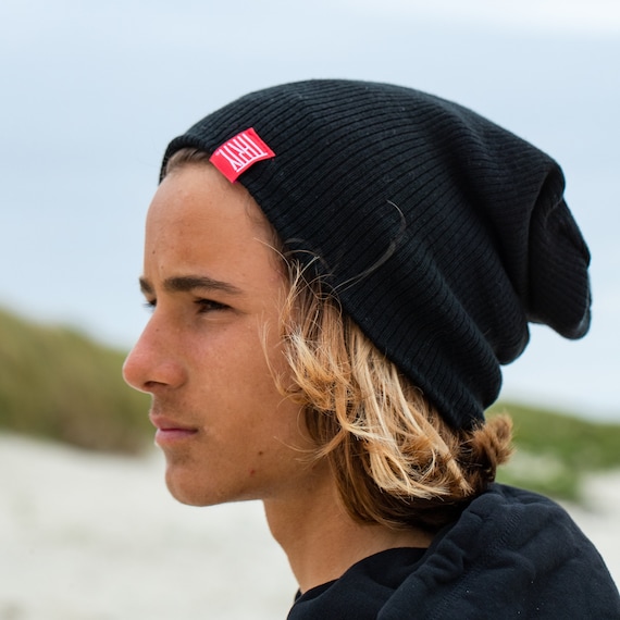 Plain Black Slouchy Beanie Hat. Double 
