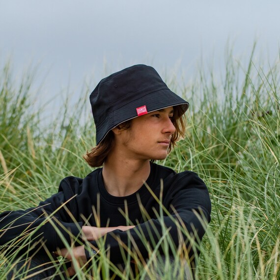 Bucket Hat, Reversible Men and Woman Plain Black and Grey Cotton, for Surf, Camping, Fishing. THIRTY-SQUARE
