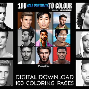 Greyscale Coloring book for Adults: 100 Male Portraits to Color by Cédric Leclerc | Digital coloring pages (Printable, PDF download)