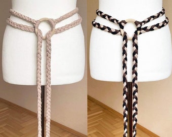 Ceinture viking médiévale tissée à la main en coton doux Anneau en bois de bouleau naturel, 250-300-370-420 cm / 98"-118"-145"-165"