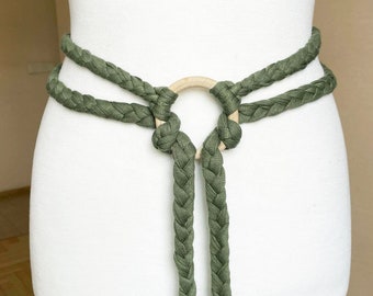 Ceinture en coton doux M L XL 3XL 5XL Viking médiévale Renaissance tressée à la main Anneau en bois de bouleau naturel, 250-300-370-420 cm/ 98"-118"-145"-165"