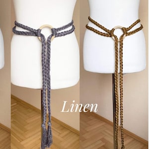 Linen Extra Long belt Medieval Viking Dress Costume belt Hand Woven belt Birch Wood Ring, 250-300-370cm / 98&quot;-118&quot;-145&quot;