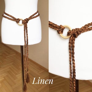 Braided Linen belt BohoTassel belt Natural Woven Linen Tie Loop belt Birch Wooden Circle holder