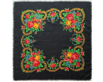 Vintage Wool Folk Scarf, 29"x29"/ 73x75 cm