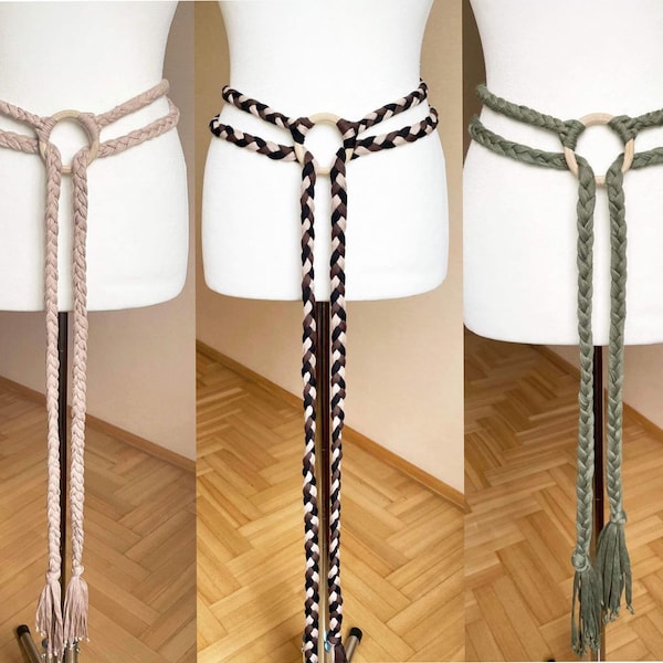 Soft Cotton Hand Woven Medieval Viking belt Natural Birch Wood Ring, 250-300-370-420cm / 98"-118"-145"-165"