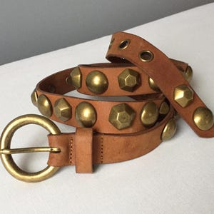 Vintage L XL Brown Large Studded Leather belt, 35-39&quot;/ 90-100cm