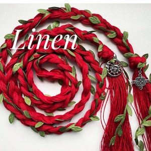 Custom LINEN Handfasting Cord with Green leaves, Natural Wedding Cord