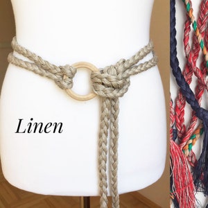 Ceinture en lin tressée Robe bohème Ceinture à pampilles Cravate en lin Ceinture à passants Ceinture hippie tissée à franges Anneau en bois de bouleau image 1
