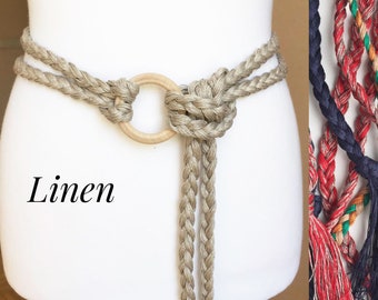 Braided Linen belt Boho Dress Tassel belt Linen Tie Loop belt Hippie Woven Fringes belt Birch Wooden Ring