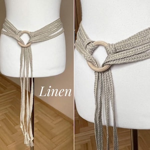 Natural Linen Extra Long Woven belt Tie Knotted Medieval Dress Viking Fashion belt Birch Wood Ring, 250-300-370cm/ 98"-118"-145"