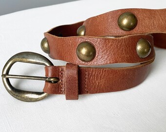 Italian Vintage L XL Brown Studded Leather Belt 35-39 display picture 1