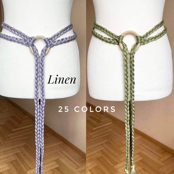 Linen belt Medieval Viking Hand Woven Natural Extra Long belt Birch Wood Ring, 250-300-370cm / 98"-118"-145"