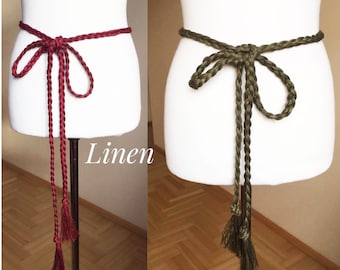 Long Braided Linen belt Tassel Knotted Tie Fringes belt Natural Linen Fashion belt