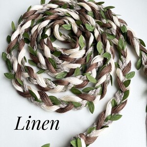 Custom LINEN Handfasting Cord with Green leaves, Ivory Tan brown Natural Linen Hand Tying Cord for Wedding