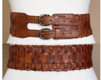 Vintage 75-80cm/29-31" extra brede bruine gevlochten korset lederen riem met dubbele gesp