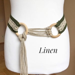 Linen belt Fringes Viking Knotted Tie Long Medieval Fashion belt Birch Wood O-Rings, from XS to Plus size