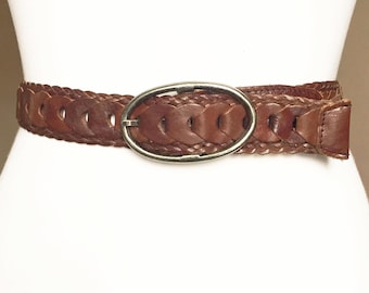 Ceinture en cuir souple tressé marron à maillons de chaîne M L XL vintage