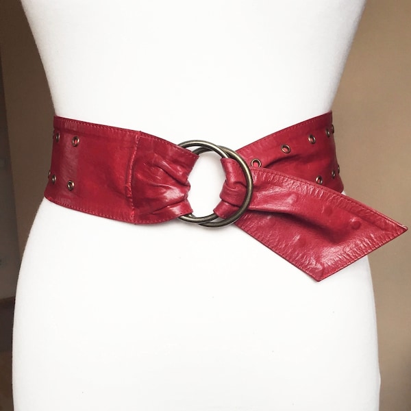 Vintage Wide Sash Red Grommets Soft Leather belt with Double O-Rings