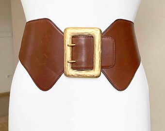 RENA LANGE Vintage Extra Wide Double Prong Brown Corset Leather belt Gold Hammered Style Buckle