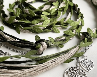 Celtic Handfasting Cord for Wedding Ceremony, Natural Uncolored Linen, Forest Green Silky Satin, Green Leaves, with or without Charms