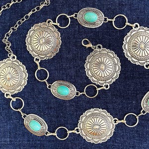 Southwest Concho belt Western Concho Chain belt Silver tone Metal Concho Faux Turquoise belt
