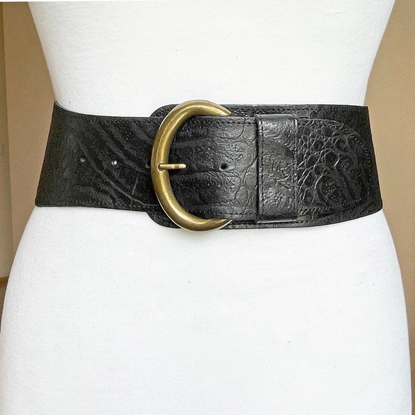 80s Black Extra Wide Embossed Vintage High Low Waist Leather belt, 31-35", 80-90 cm