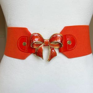 Vintage Extra Wide Deep Carrot Orange Elastic Belt with Gold Metal Bow Buckle