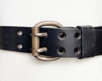 Vintage Heavy Duty zwarte dikke lederen riem Chunky Double Prong Brass gesp, 34-38", 88-98cm