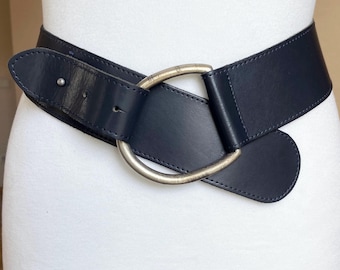 Vintage Wide Dark Navy High Low Waist Leather Belt, 30-32