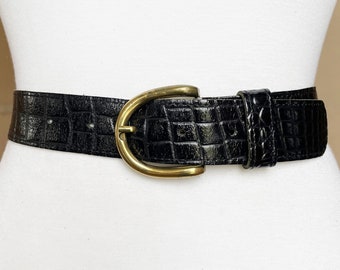 West-Duitsland Vintage Retro zwarte leren riem met reliëf, 27-32", 70-82 cm