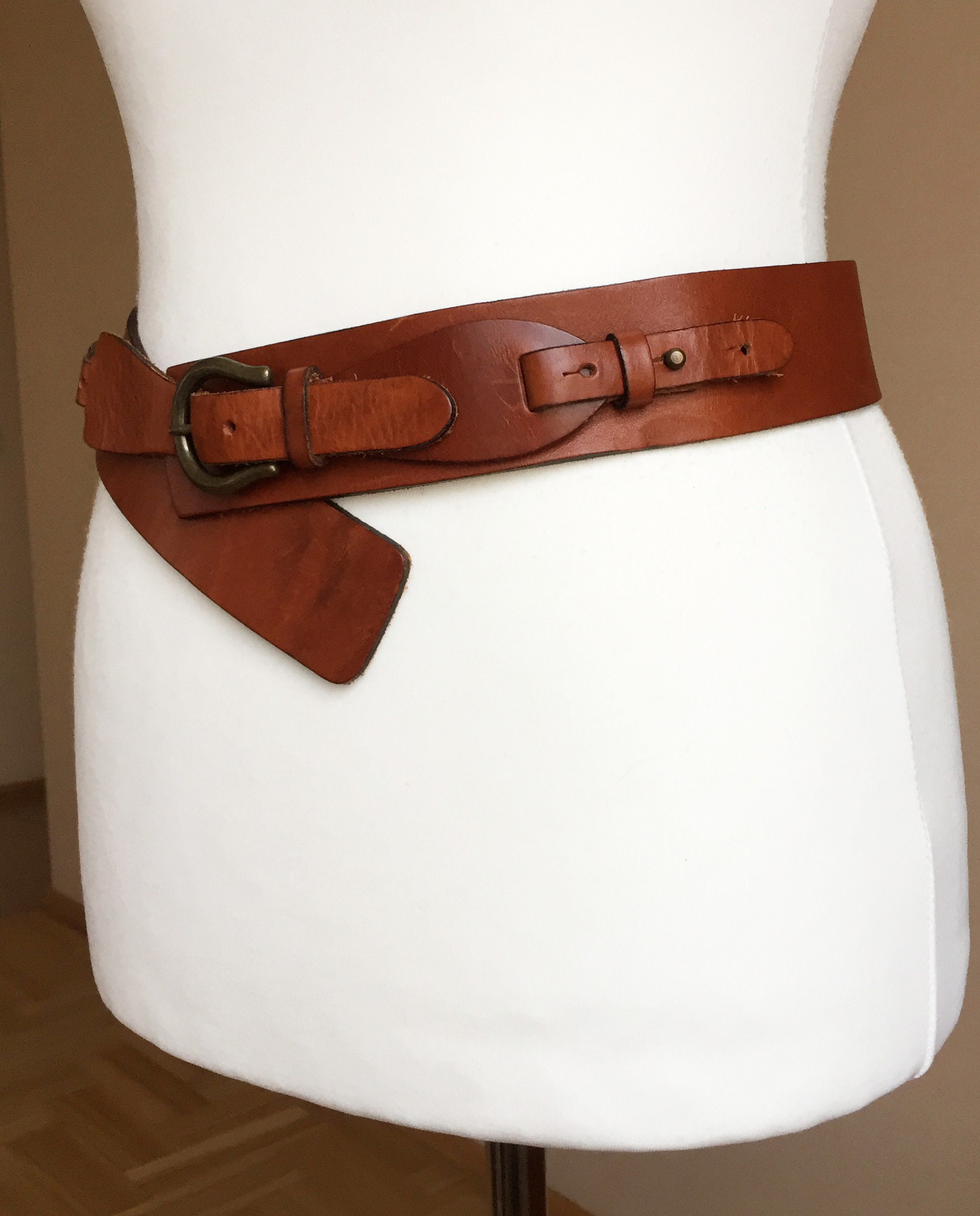 Vintage L/XL Thick Leather belt Women Wide Cognac Brown Waist | Etsy