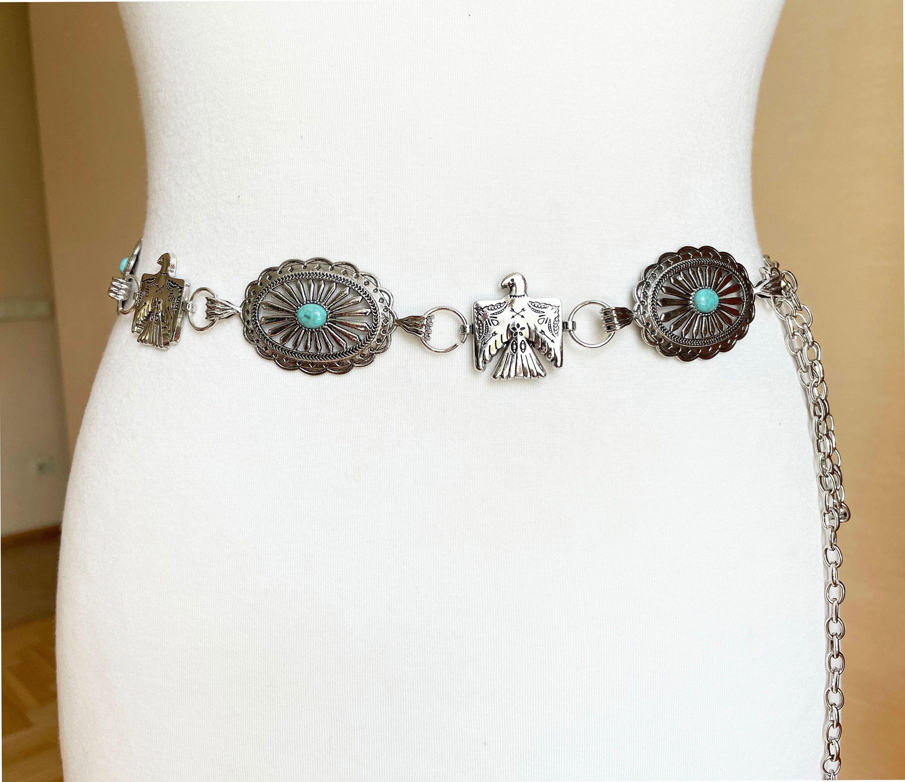 Western Thunderbird Concho Silver Tone Metal Belt - Etsy display picture 3