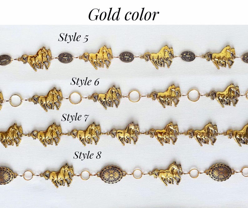 May include: Gold-colored belts with horse designs. The belts are displayed in rows, showcasing different styles. The text "Gold color" and style numbers 5, 6, 7, and 8 are visible. The belts feature horse-shaped ornaments and decorative elements.