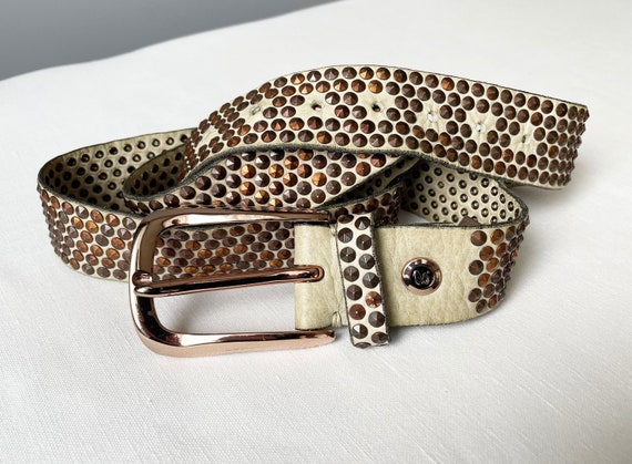 B.belt Vintage Germany Ligth Olive Grey Studded Soft Leather Belt Light  Cooper Brass Buckle, 35-39, 90-100cm - Etsy