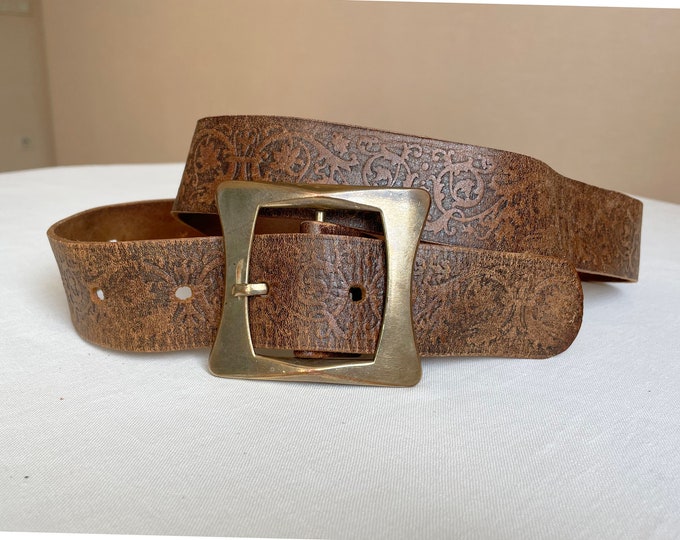Spainish Vintage 31-39"/ 80-100cm Western Tooled Brown Distressed Leather belt