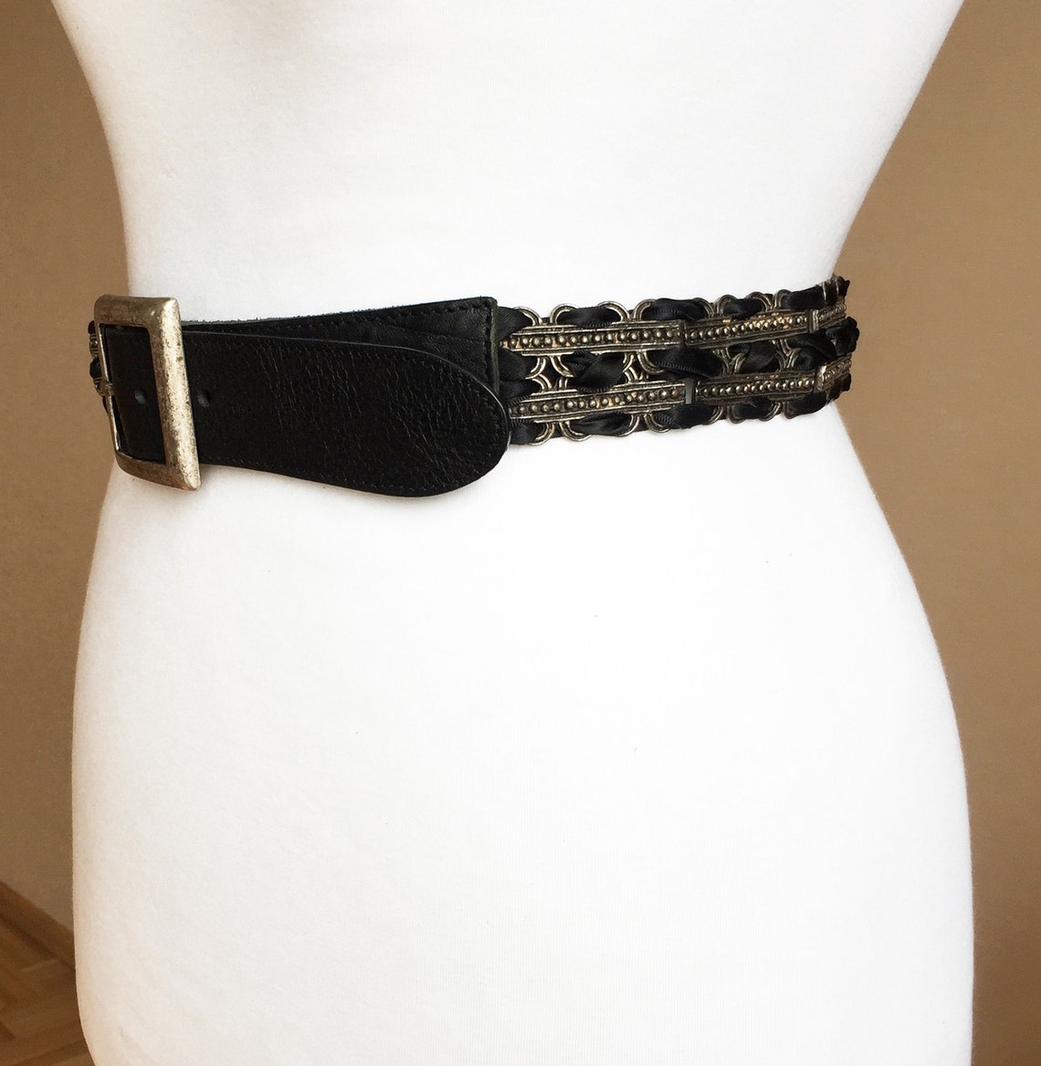 80s Black Leather Belt Metal Fabric Braided Waist belt 82-92 | Etsy