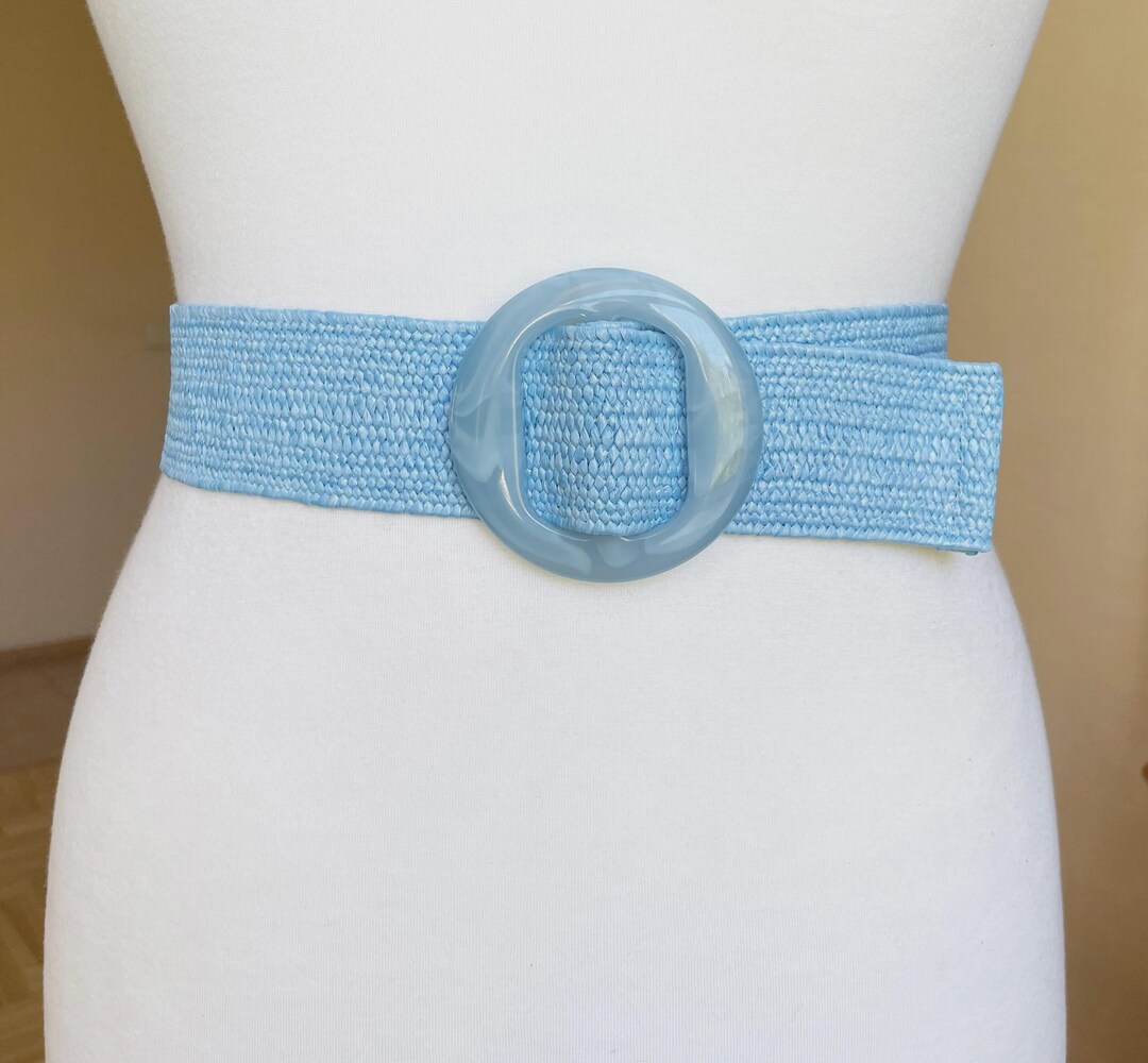 Light Blue Faux Raffia Waist Belt With Marbled Plastic Buckle - Etsy